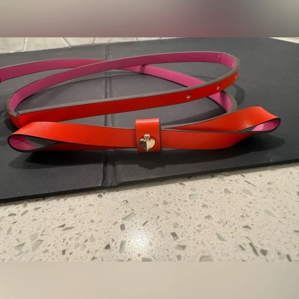 Kate Spade NY Color block Leather Bow Belt Two Tone Pink & Orange NWT Size Large